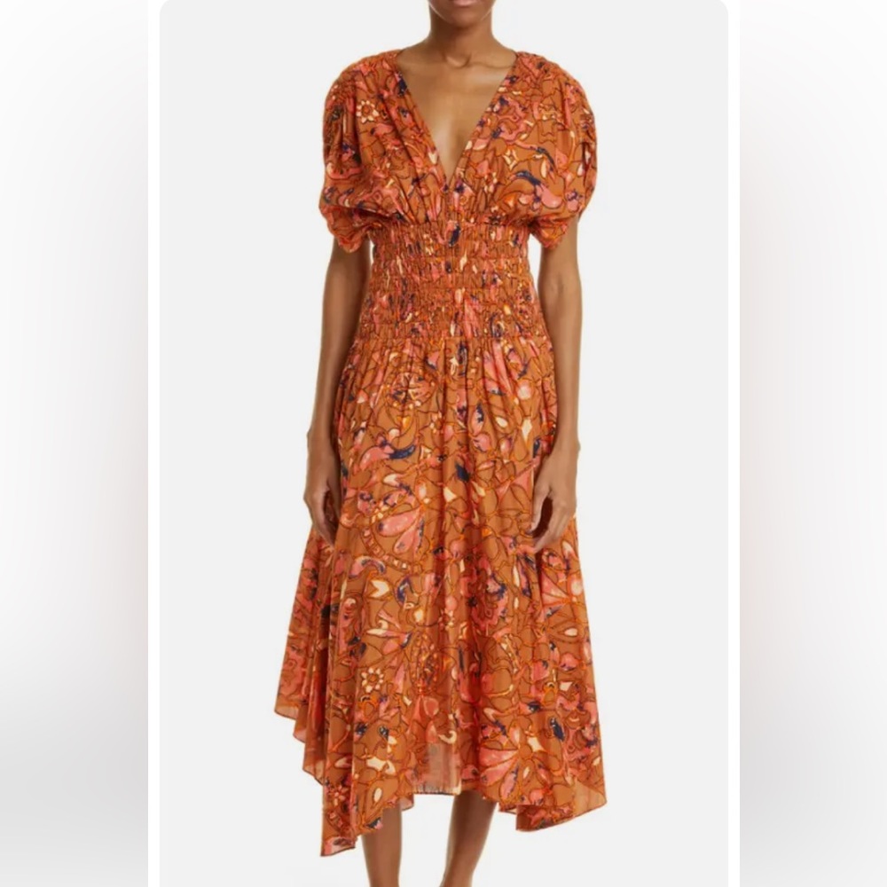 A.L.C. Lucia Shirred Dress. Beautiful silk orange blue shell pattern size 8